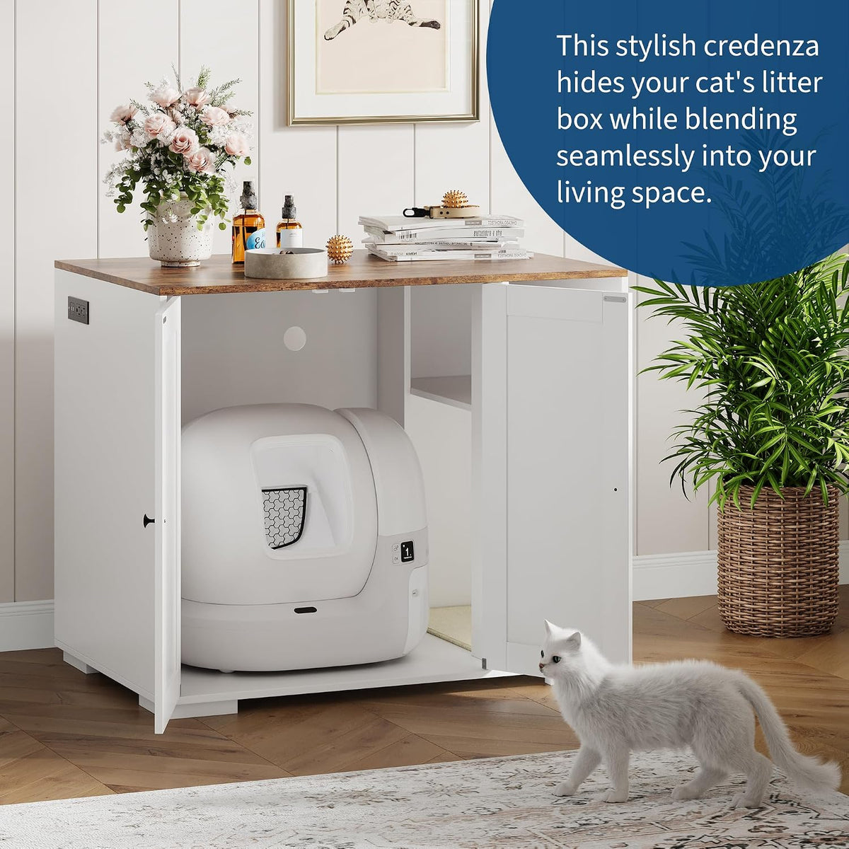 Large Cat Litter Box Enclosure with Power Outlet for Auto Litterbox Robot