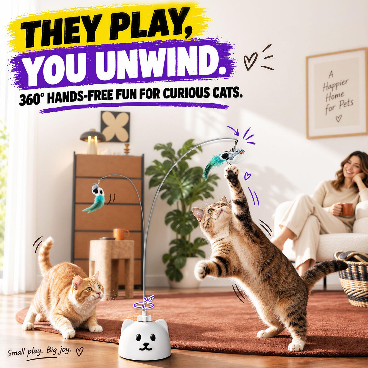 Interactive Cat Toys for Indoor Cats, 360° Automatic Spin Flying Bird Wand