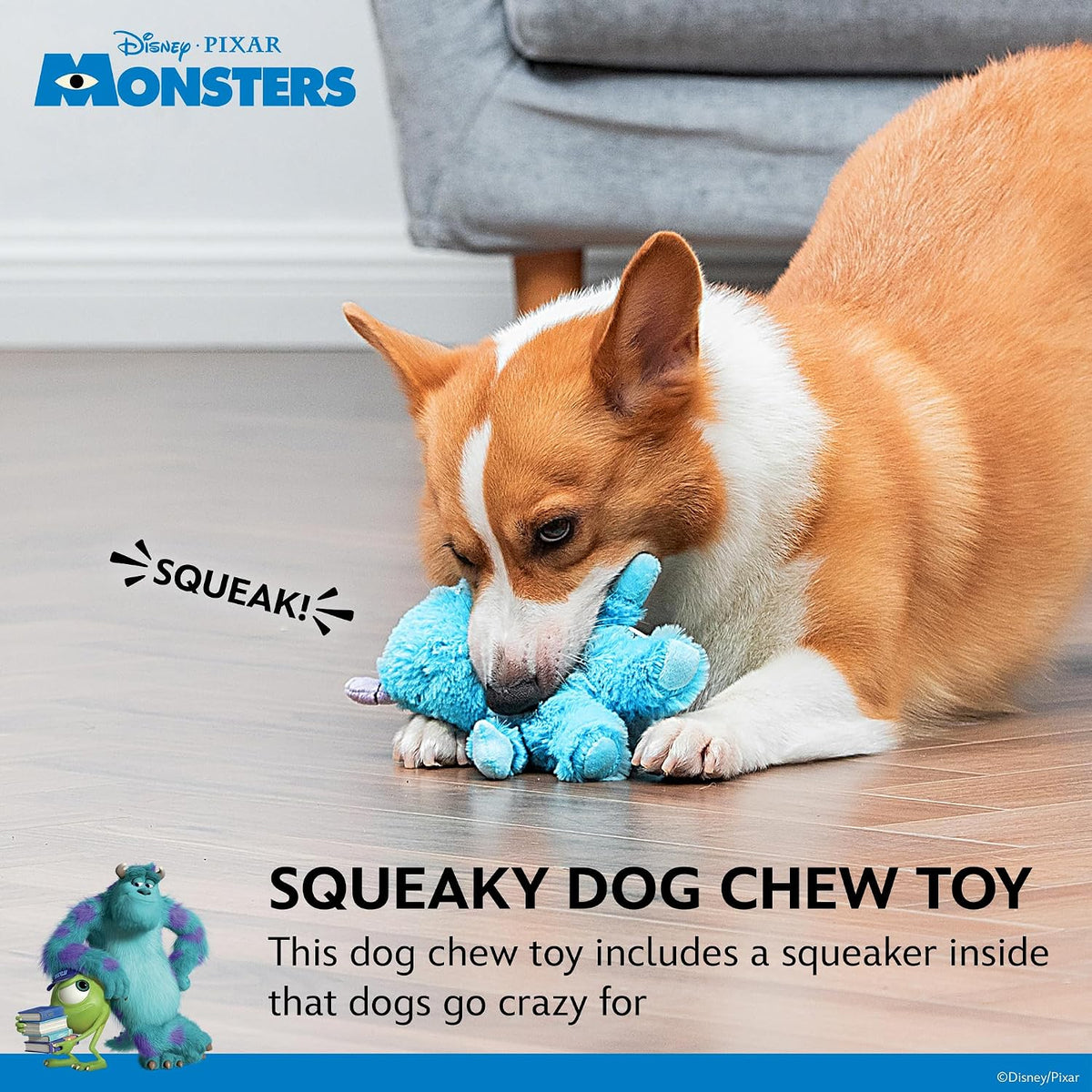 Disney Dog Toys, Monsters Inc Plush - Sully Squeaker Toy, 6 Inches