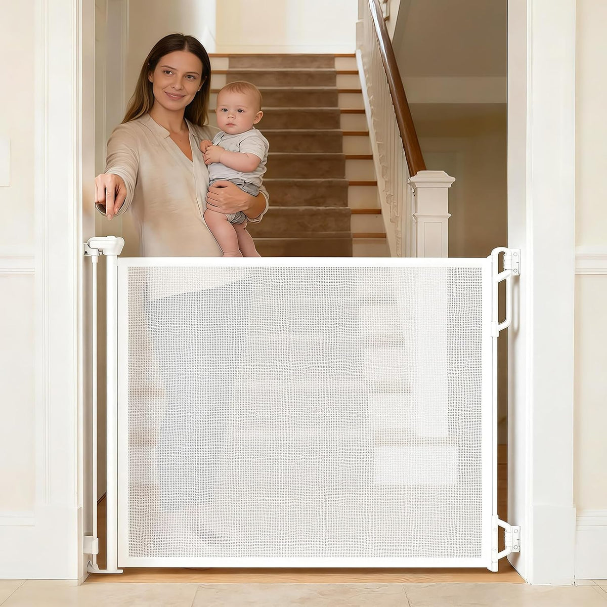 Retractable Baby Gate, 45" Wide Mesh Gate, Gray