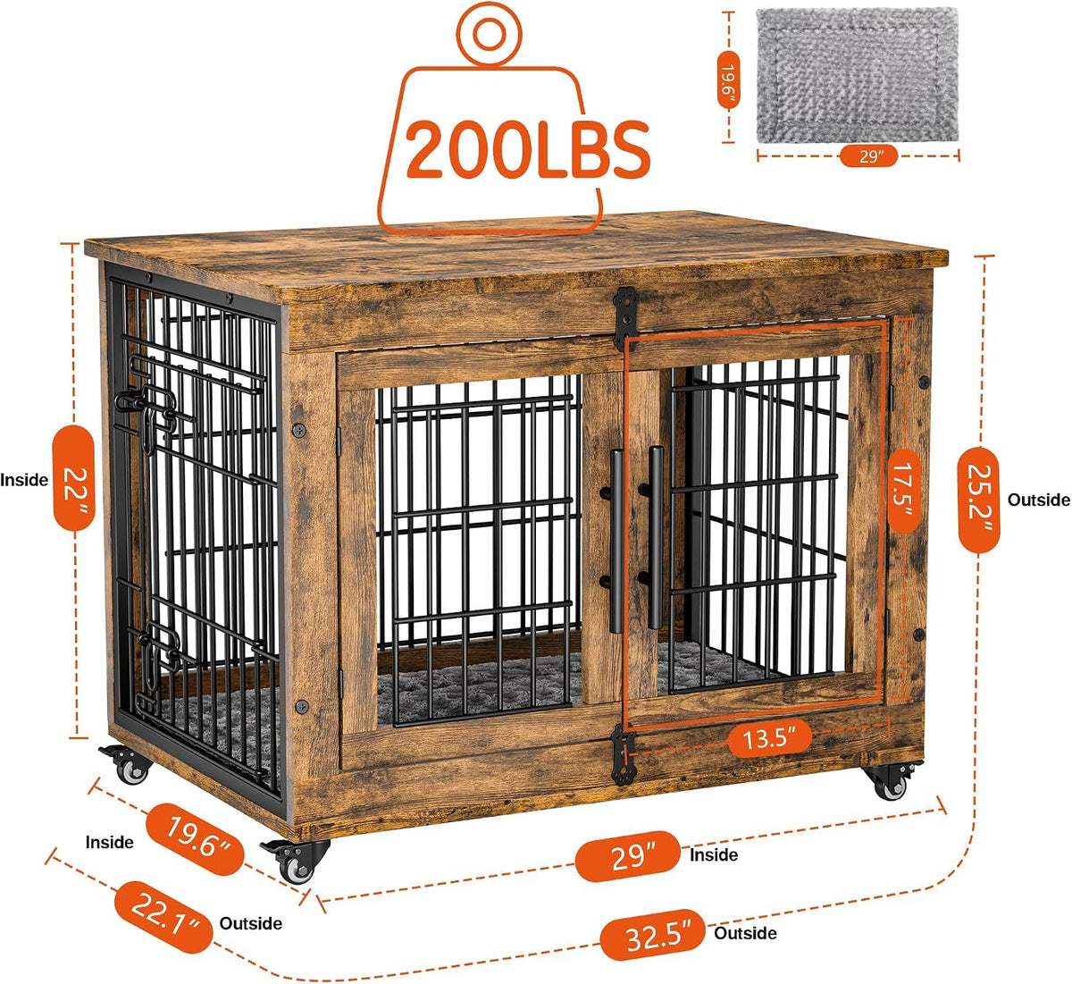 Medium Dog Crate Furniture, 32'' Heavy Duty Kennel w/Cushion & Wheels