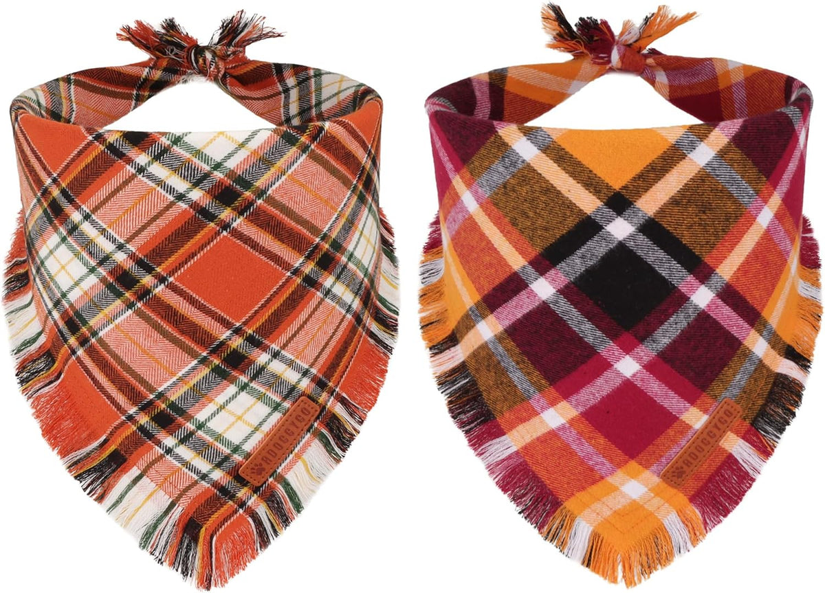 Fall Dog Bandanas with Fringe, Red Brown Plaid Dog Scarf, Large