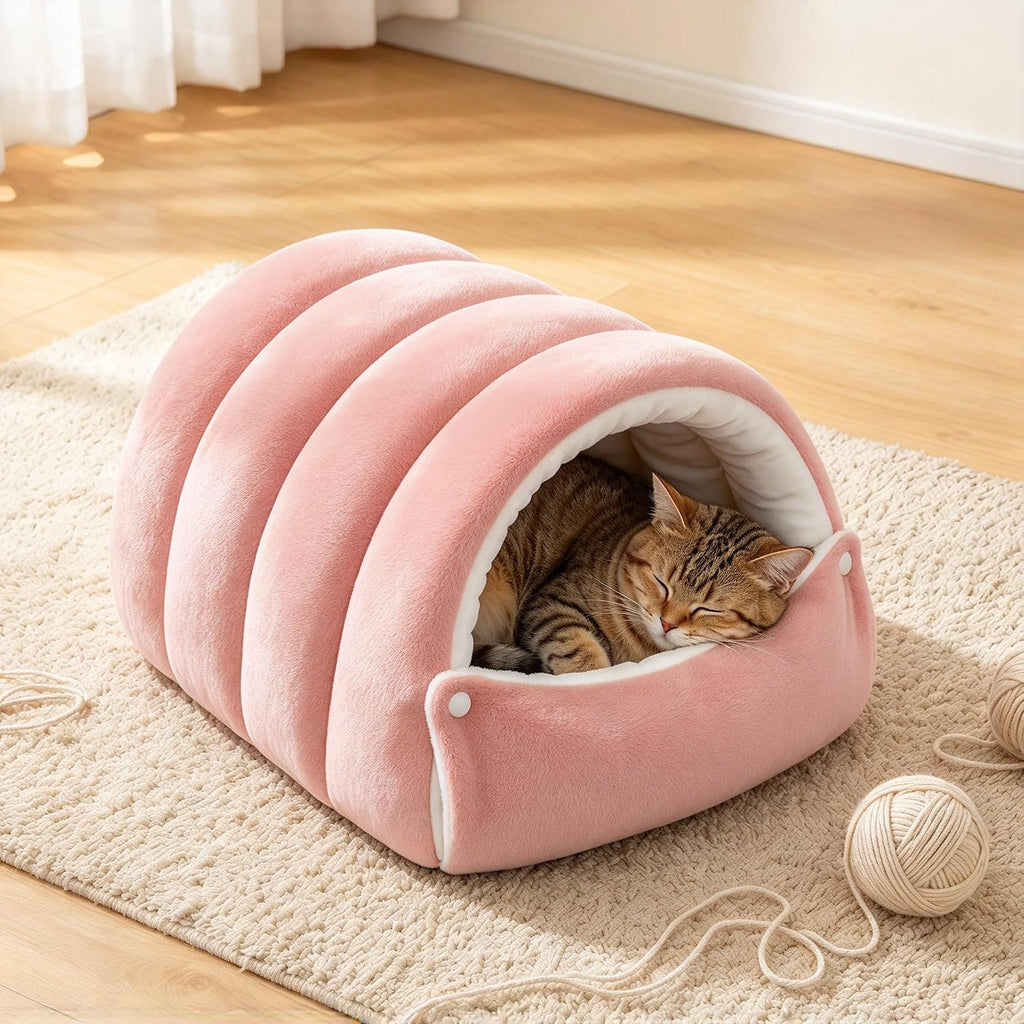 Hooded Cat Cave Bed with Removable Washable Cushion, Warm Plush，Green：M:18.9 x 11.8 x 7.9 inch