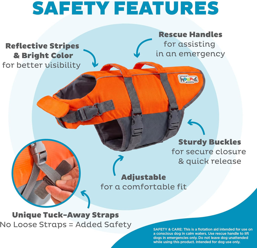 Outward Hound Granby Splash Dog Life Jacket, Life Vest, Orange, Medium