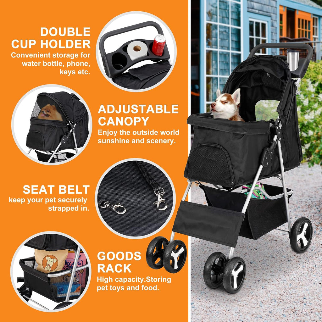 4 Wheels Pet Stroller Dog Cat Stroller for Small Medium Dog Cats Foldable Carrier Jogger Travel Puppy with Storage Baske