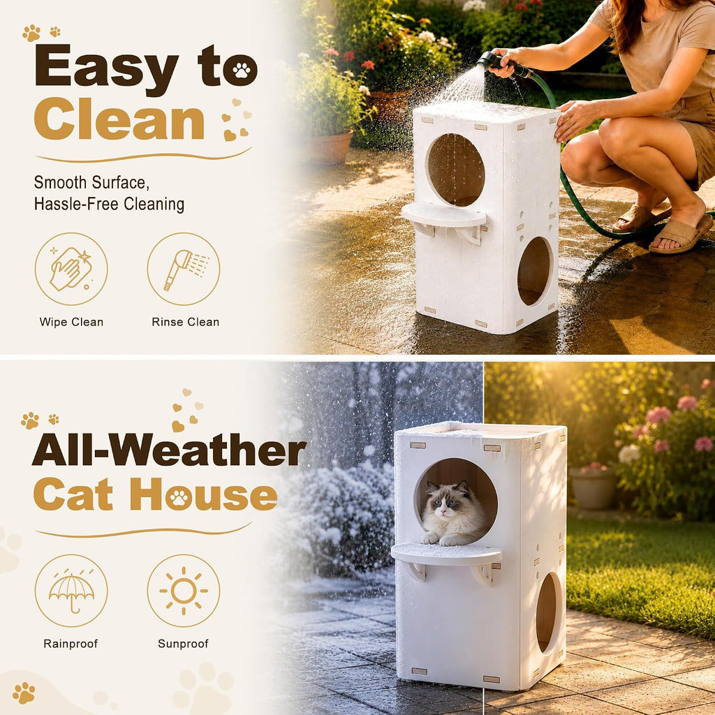 2-Storey Cat House Tower, Waterproof HDPE Plastic Cat Condo with External Jumping Platform & Dual Hideaway Caves, Easy t