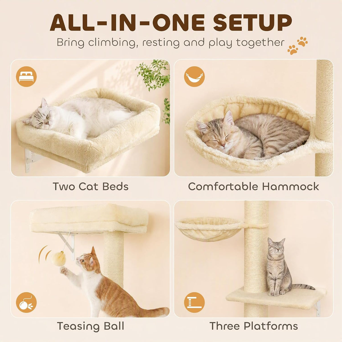 PawHut Cat Wall Shelves for Indoor Kittens Climbing Sleeping, Beige