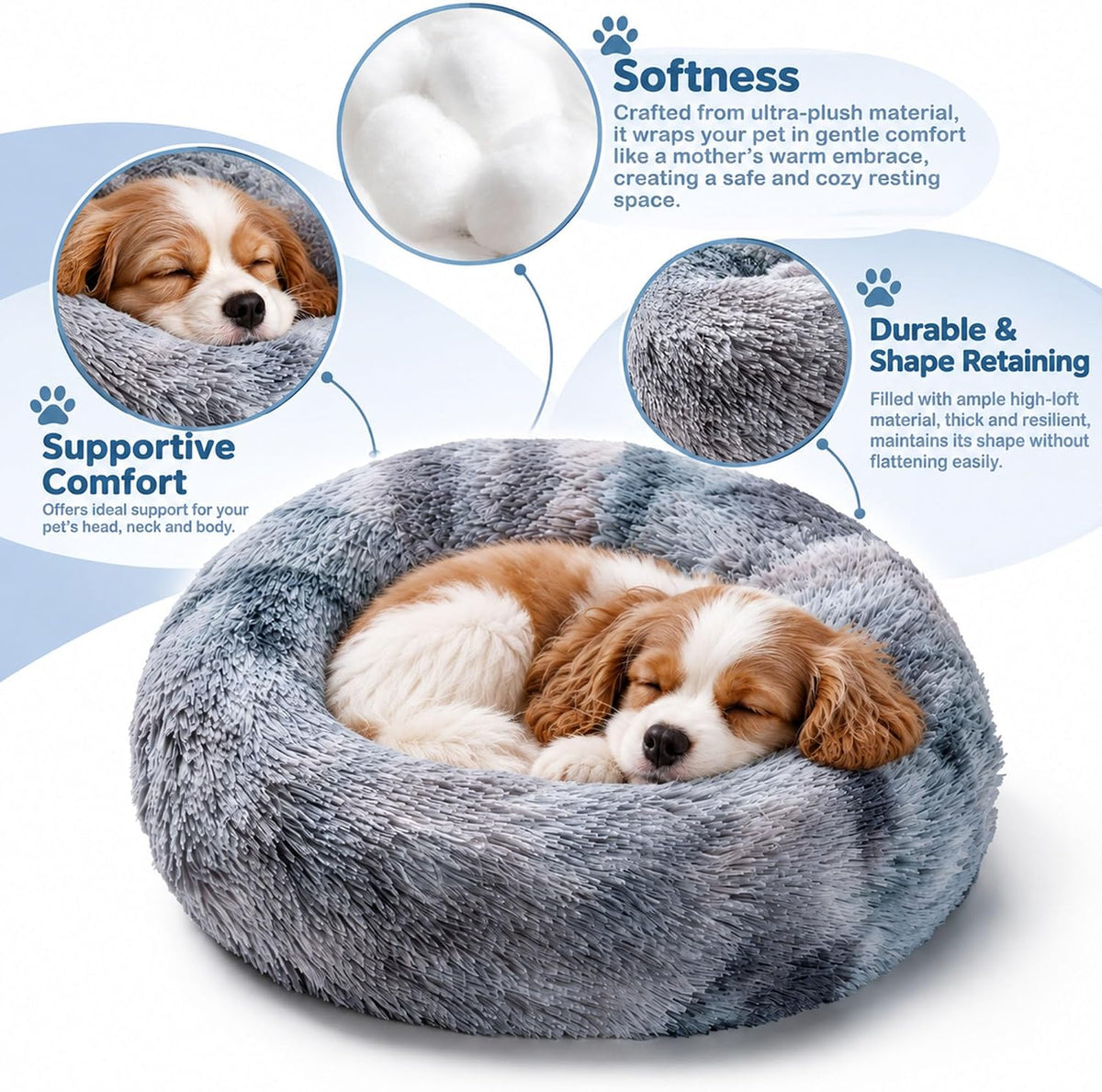 Hoewina Dog & Cat Bed for Indoor Cats, 20in Calming Donut Bed Tie-dye Gray