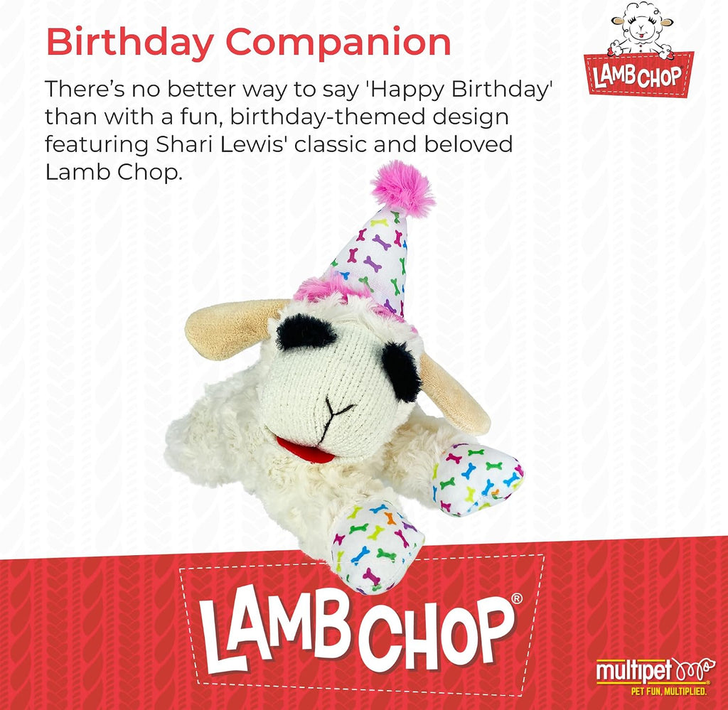 Multipet Lamb Chop Dog Plush Toy with Birthday Hat - Squeaky Dog Toy
