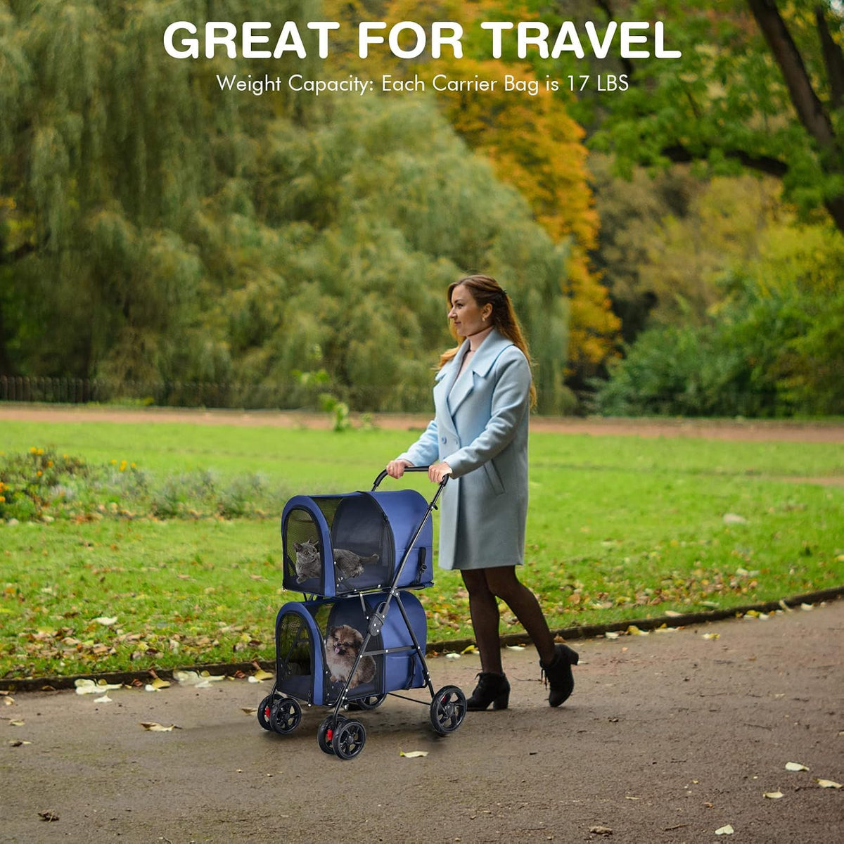 Giantex Double Pet Stroller with 2 Detachable Carrier Bags, Safety Belt, 4 Lockable Wheels, Folding Cat & Dog Stroller f