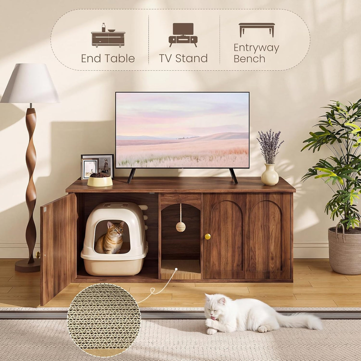 CHOEZON 47.2'' Cat Litter Box Enclosure for 2 Cats with Scratch Pad, Walnut