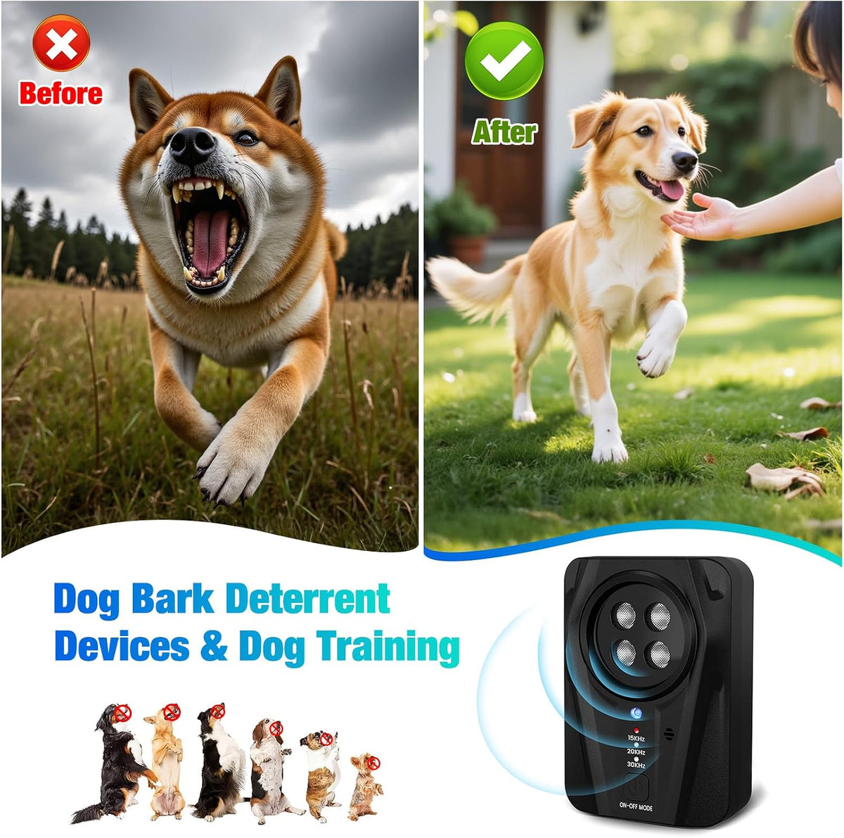 Dog Bark Deterrent Devices, Automatic Anti Barking Device with 4 Ultrasonic Transmitters Long Range 50FT, 3 Mode Recharg