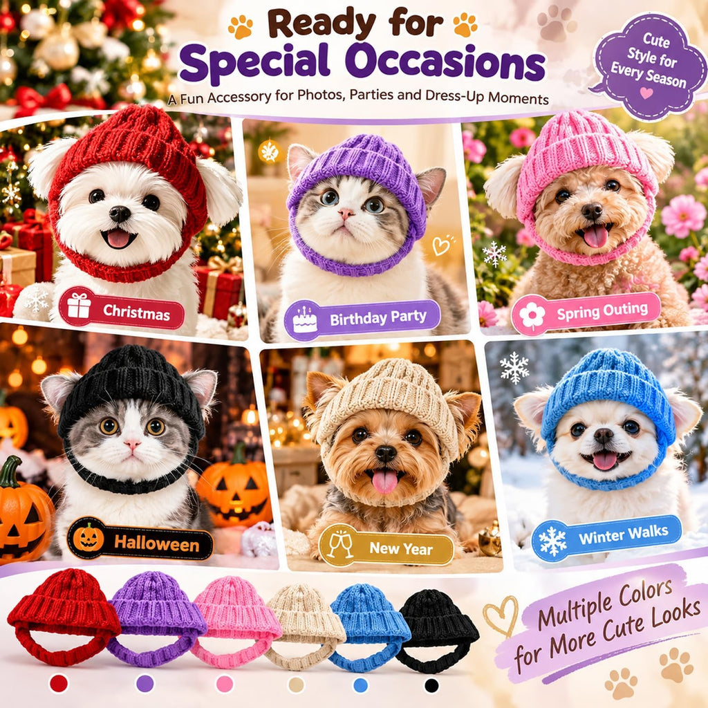 Dog Beanie Hat with Ear Holes, Purple Knitted Winter Cap for Small Pets