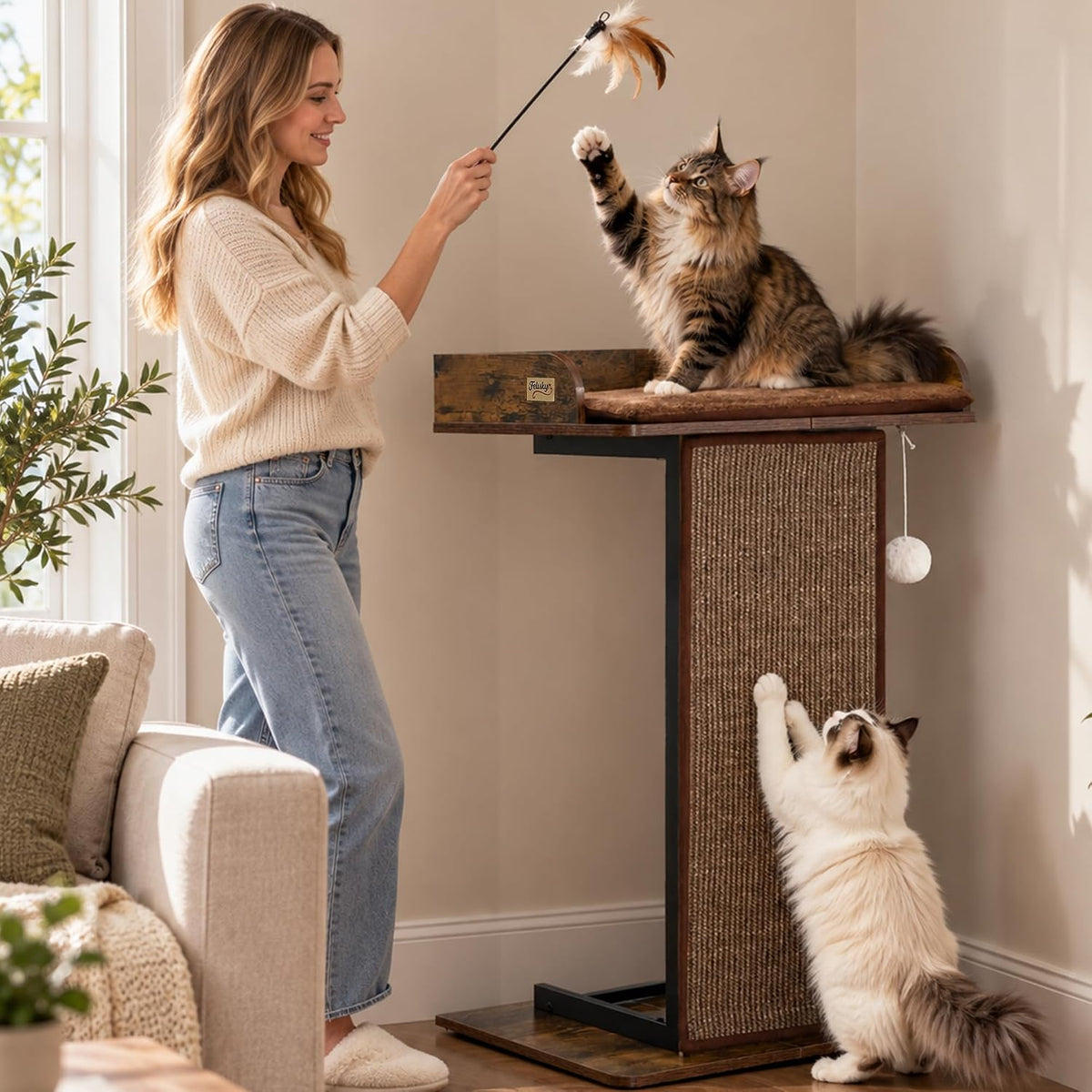 Modern Wood Cat Tree Tower for Indoor Large Adult Cats with Big Perch Bed