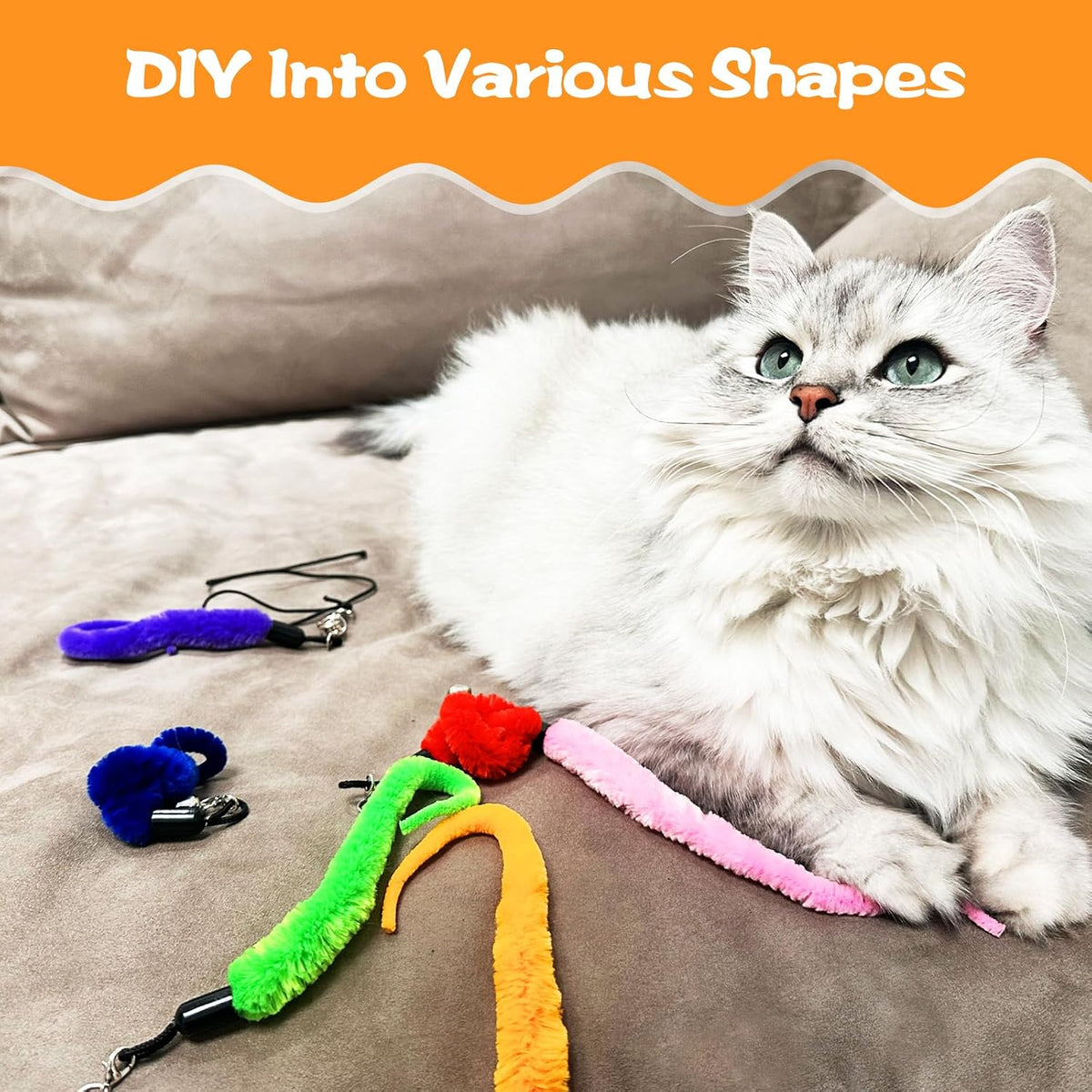 Kerros Fuzzy Worm Cat Wand Refills with Black String, 10 Pcs