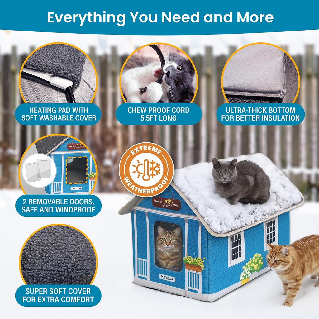 Deluxe Heated Cat House for Winter - Weatherproof, Insulated, Easy Assembly, Cat Heating Pad, Dual Escape Doors, Outdoor