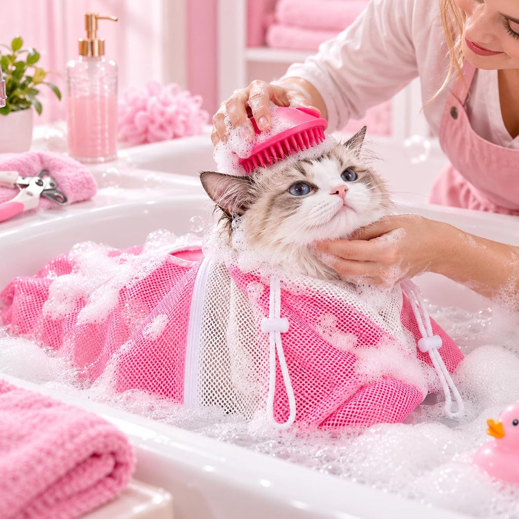 5PCS Cat Bathing Bag Grooming Kit with Brush, Nail Clipper & Towel