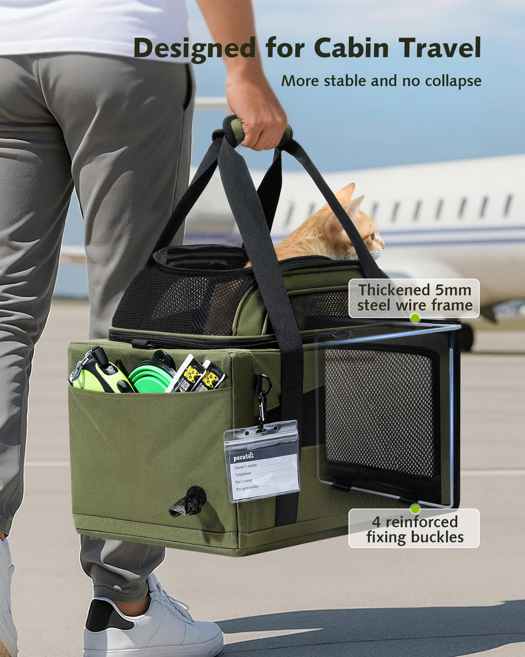 Pecute Top Expandable Airline Approved Pet Carrier for Cats, Olive Green
