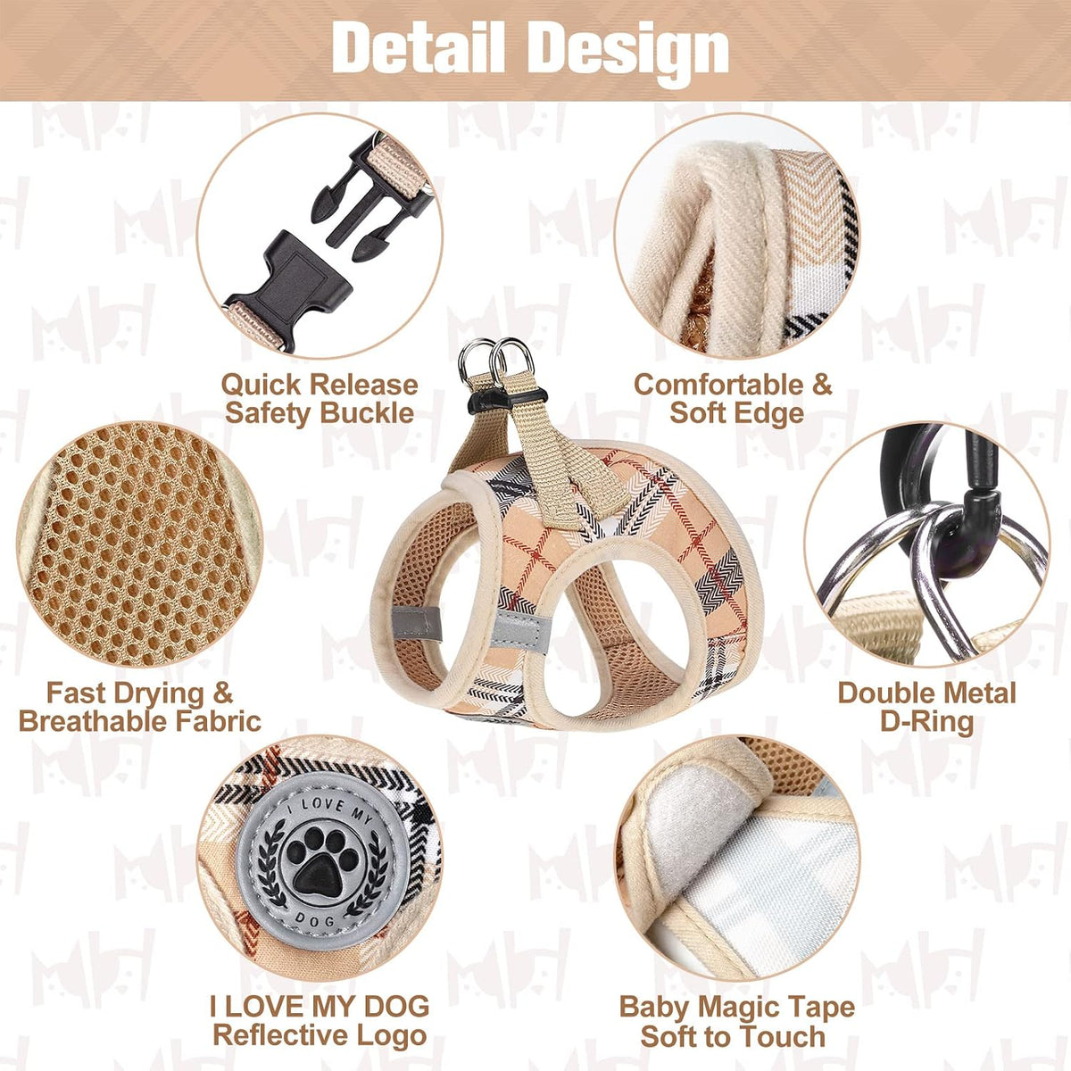 Small Dog Harness and Leash Set, No Pull Puppy Pet Vest- Beige, S