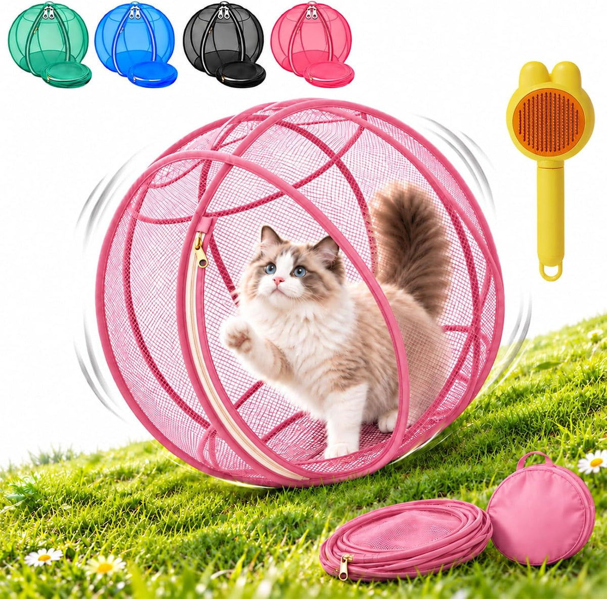 Cat Hamster Ball for Outside, 360° Panoramic Pop-Up Rolling Cat Playpen, 26.77 Inch Foldable Hamster Ball for Cats, Port
