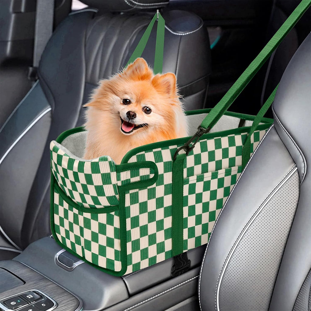 Console Dog Car Seat for Small Dogs, Foldable Booster Seat, Pink Checkered
