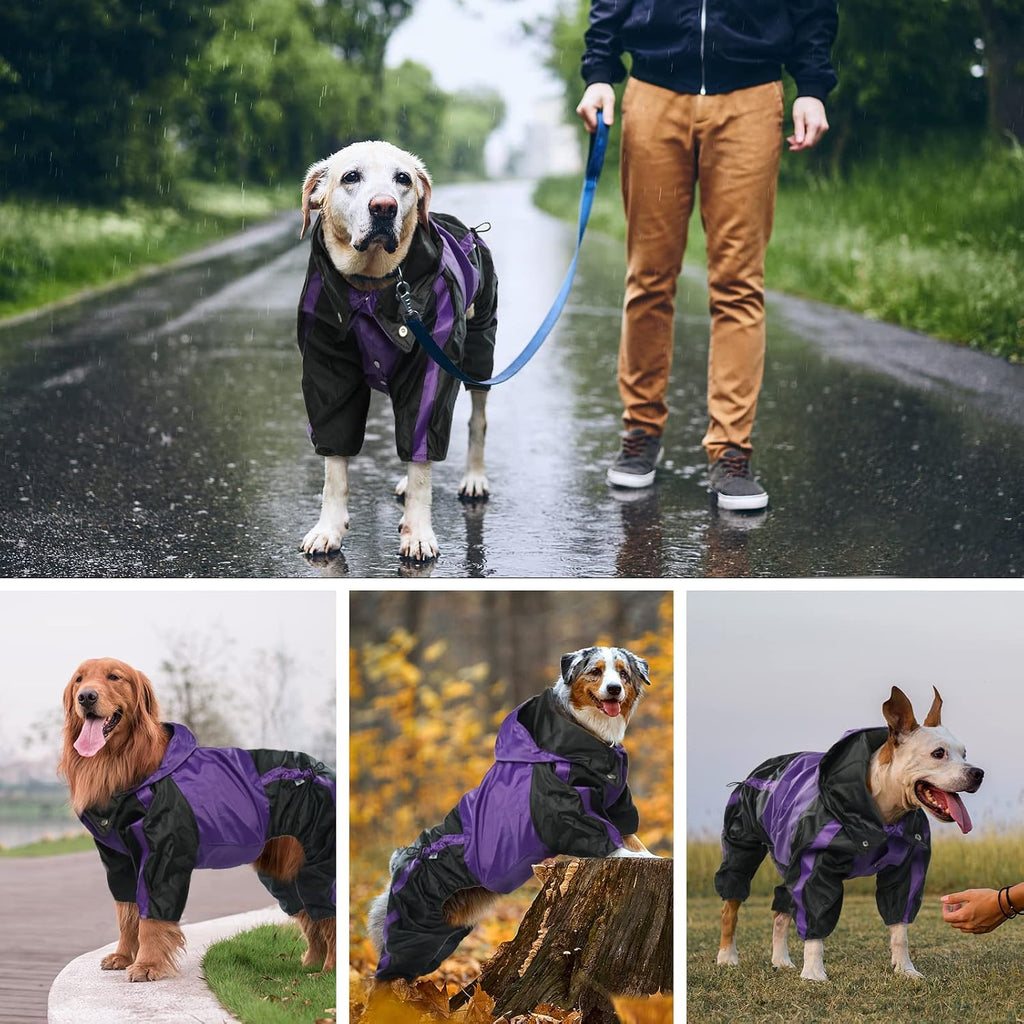 Dog Raincoat, 4 Leg Waterproof Dog Rain Jacket with Hood, Purple M