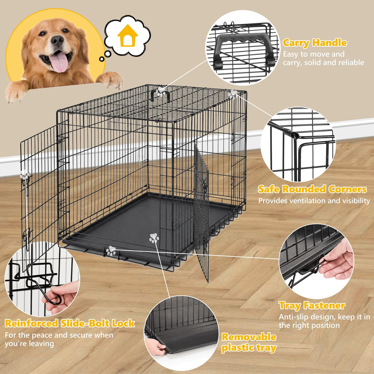 Aidoly Large Dog Crate 42 Inch Foldable Double Door Dog Cage Pet Kennel