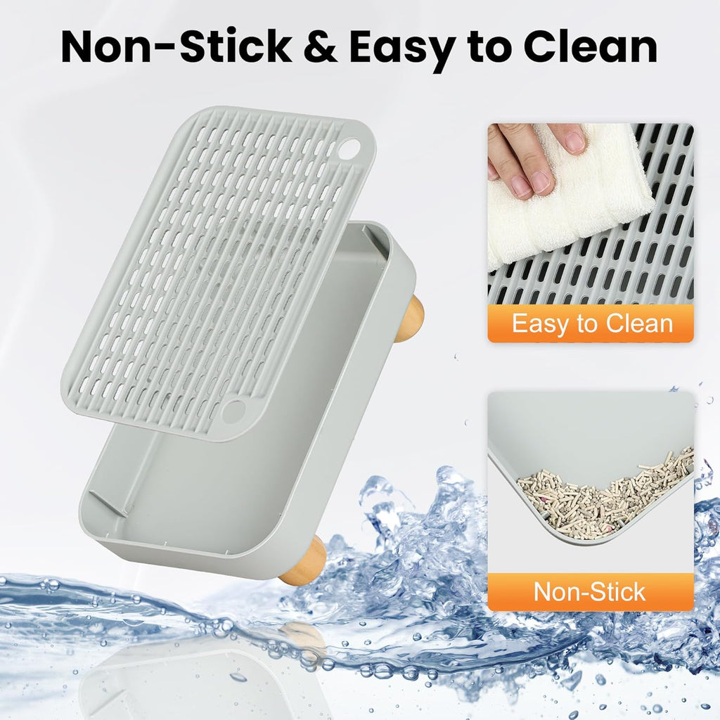 Litter Box Step, Litter Box Ramp/Catcher with Wooden Base, Anti-Tracking & Easy to Clean, Ideal for Small & Elderly Cats