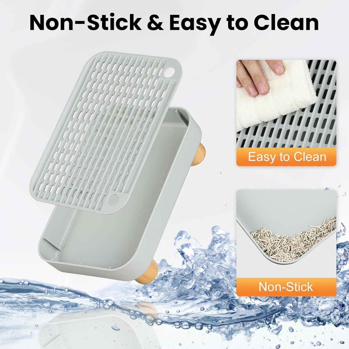 Litter Box Step, Litter Box Ramp/Catcher with Wooden Base, Anti-Tracking & Easy to Clean, Ideal for Small & Elderly Cats