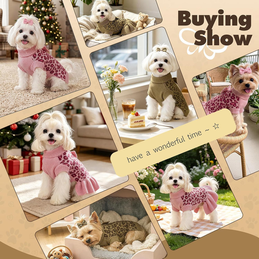 WOYYHO Small Dog Sweater Dress with Bowtie, Knitted Leopard Pet Dog Clothes