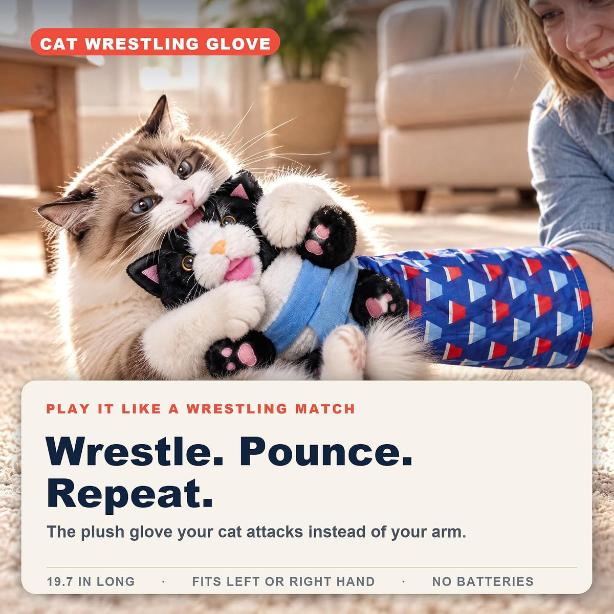 Cat Wrestling Glove, Bite-Resistant Plush Cat Hand Puppet with Protective Forearm Sleeve, Interactive Cat Toy for Bored 