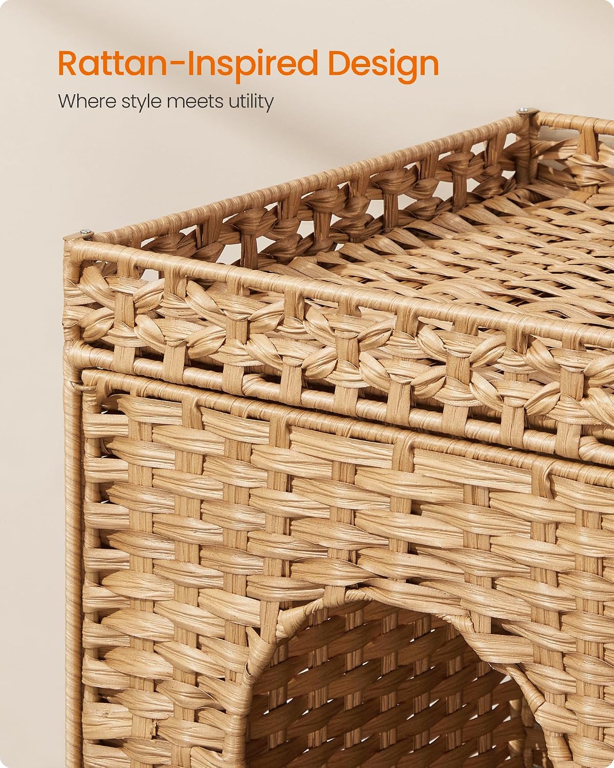 Feandrea Cat Litter Box Enclosure, Handwoven Rattan End Table, Extra Mat