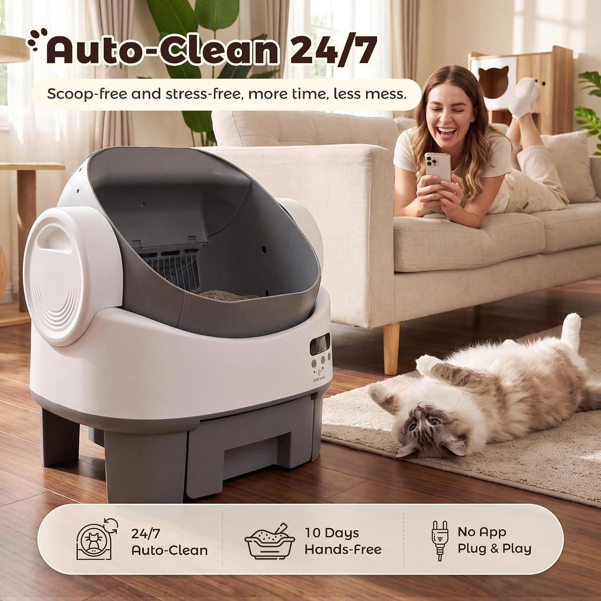 WARCAT Automatic Self-Cleaning Cat Litter Box Open-Top Child Lock Grey