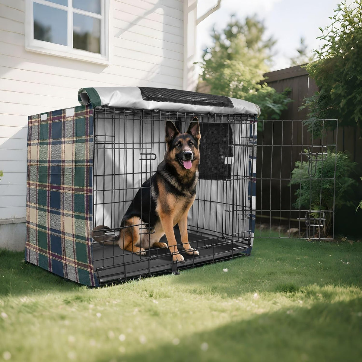 Dark Green Plaid Dog Crate Cover 42" L x 28" W x 30" H, Waterproof Windproof Light Blocking Pet Cage Cover with Roll Up 