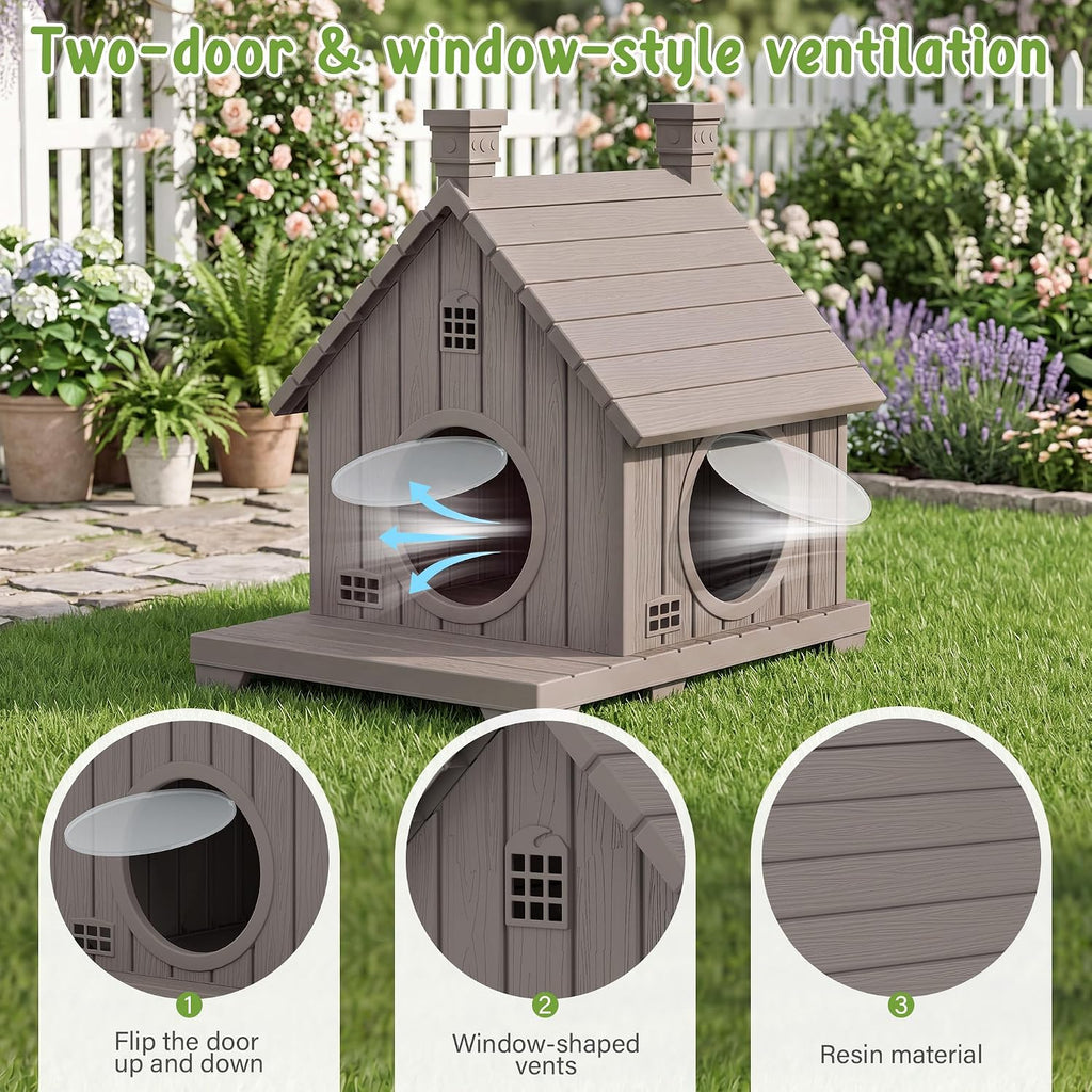 Outdoor Cat House Weatherproof, Durable Resin Cat Houses for Outdoor Indoor Cats, Litter Box Enclosure with Elevated Bas