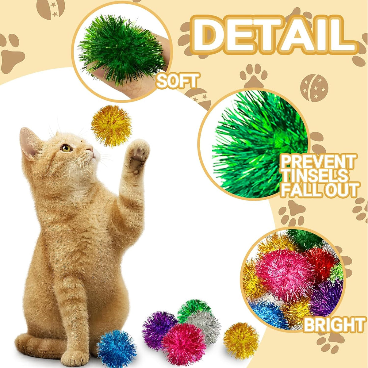50 Pcs 2 Inch Large Assorted Cat Pom Pom Toy Balls