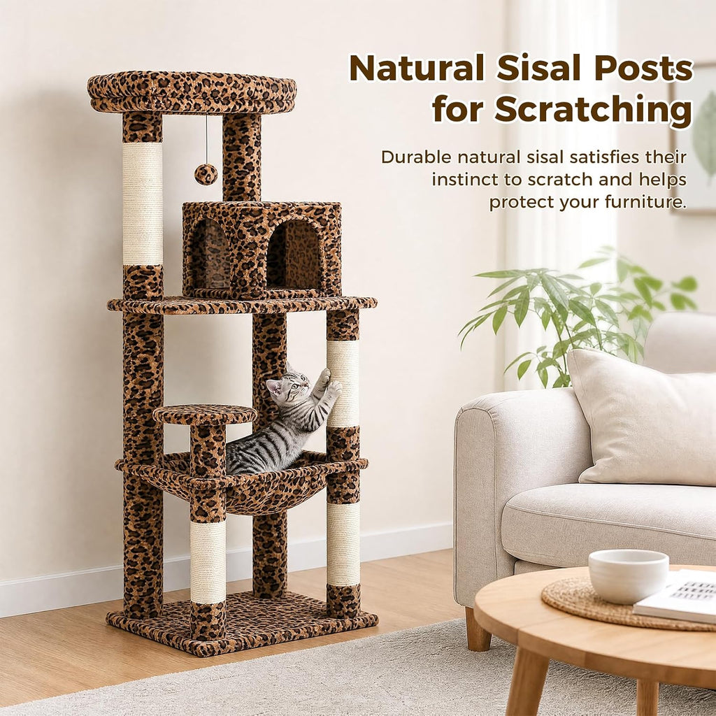PETEPELA Leopard Print Cat Tree, 56in 4-Tier Cat Tower for Indoor Cats