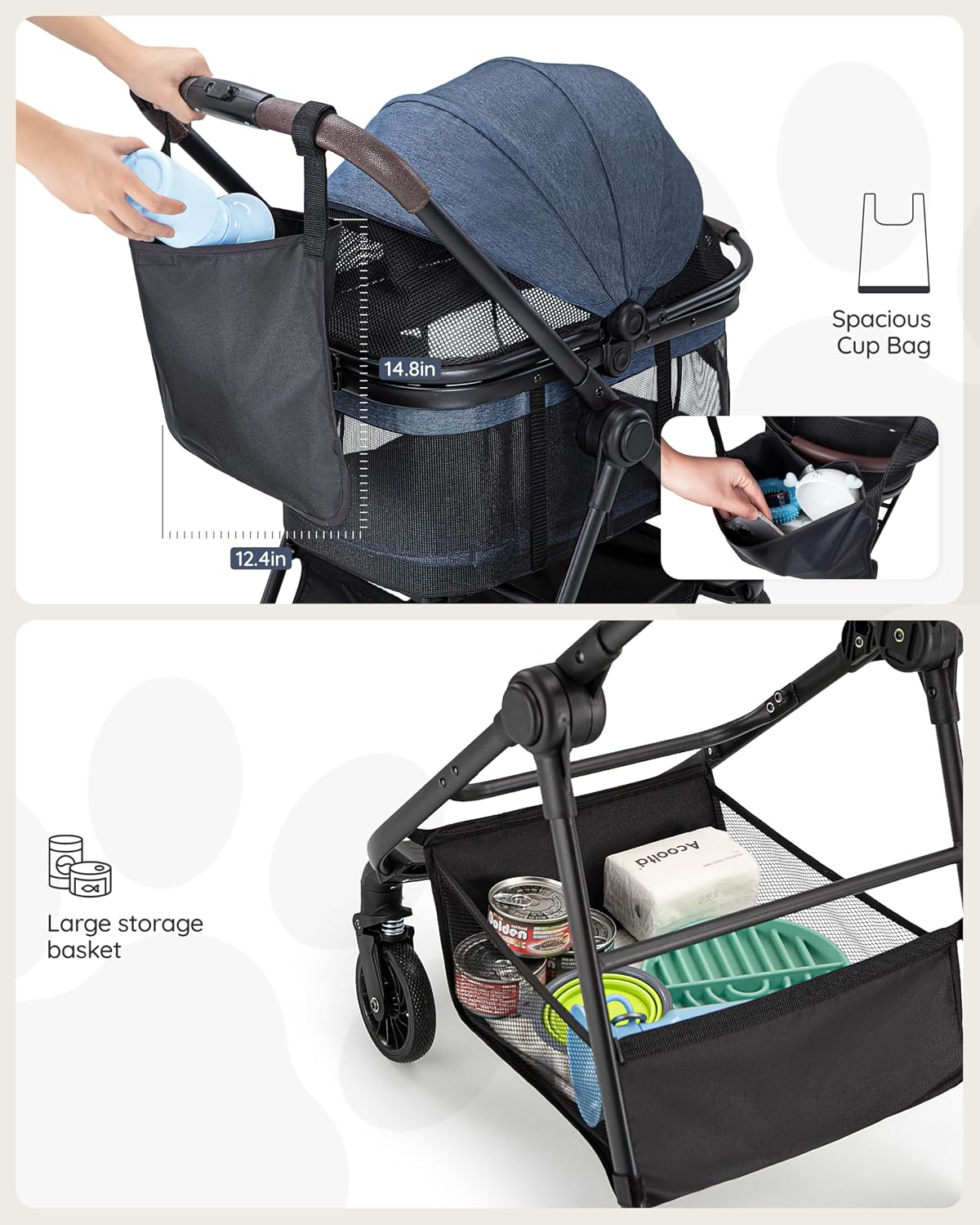 Pet Stroller for Small Dogs & Cats, Foldable with Detachable Carrier