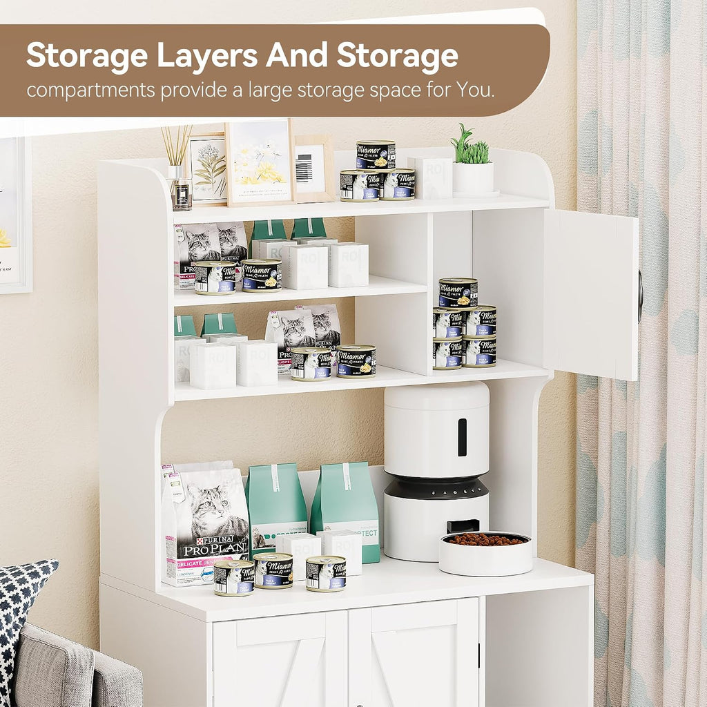 Tall Hidden Cat Litter Box Enclosure Cabinet - 4-Tier Storage Shelves, 2-Door Wood Cat Washroom Furniture, Indoor Cat Ho