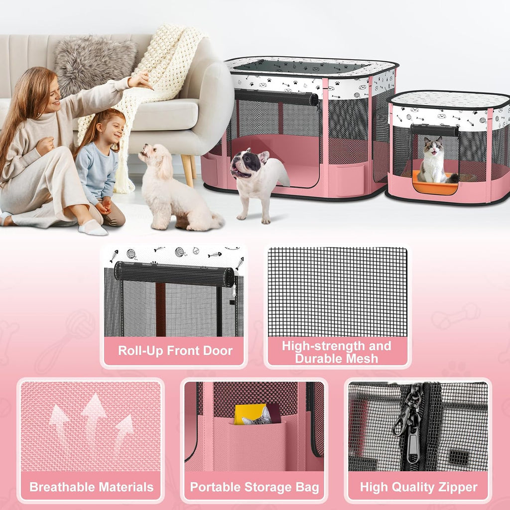 Portable Cat Playpen with Litter Box Area, Foldable Pet Dog Playpen