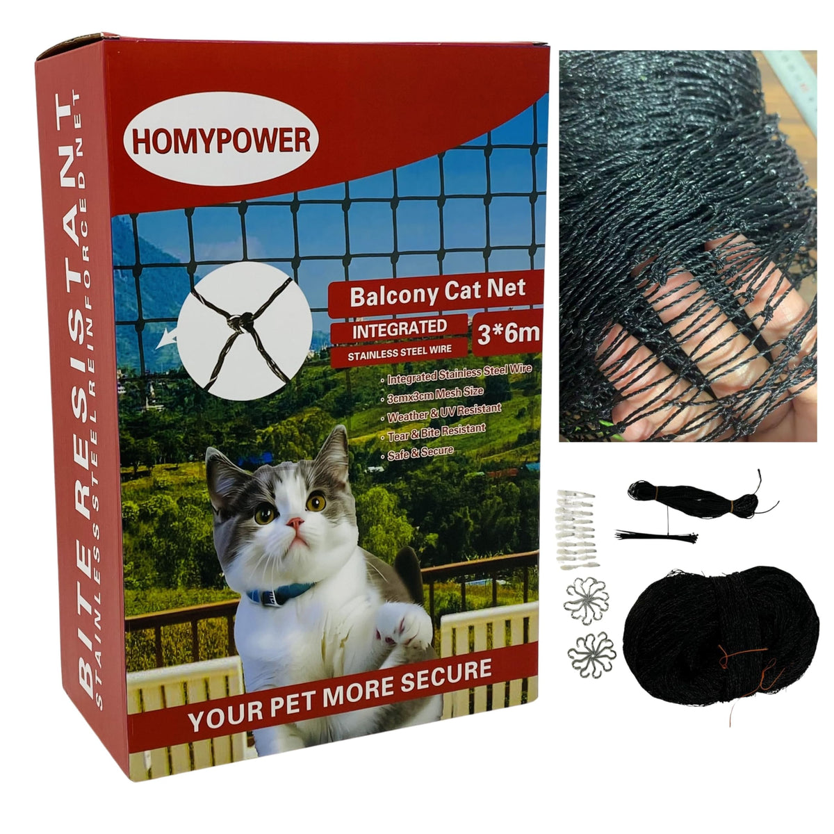 HOMYPOWER Cat Netting Balcony, 10x20 ft Stainless Steel Reinforced Bite Tear UV and Weather-Resistant Anti-Fall Netting for Pets, Safety Net for Cat, Small Catio for Apartment Balcony Protection