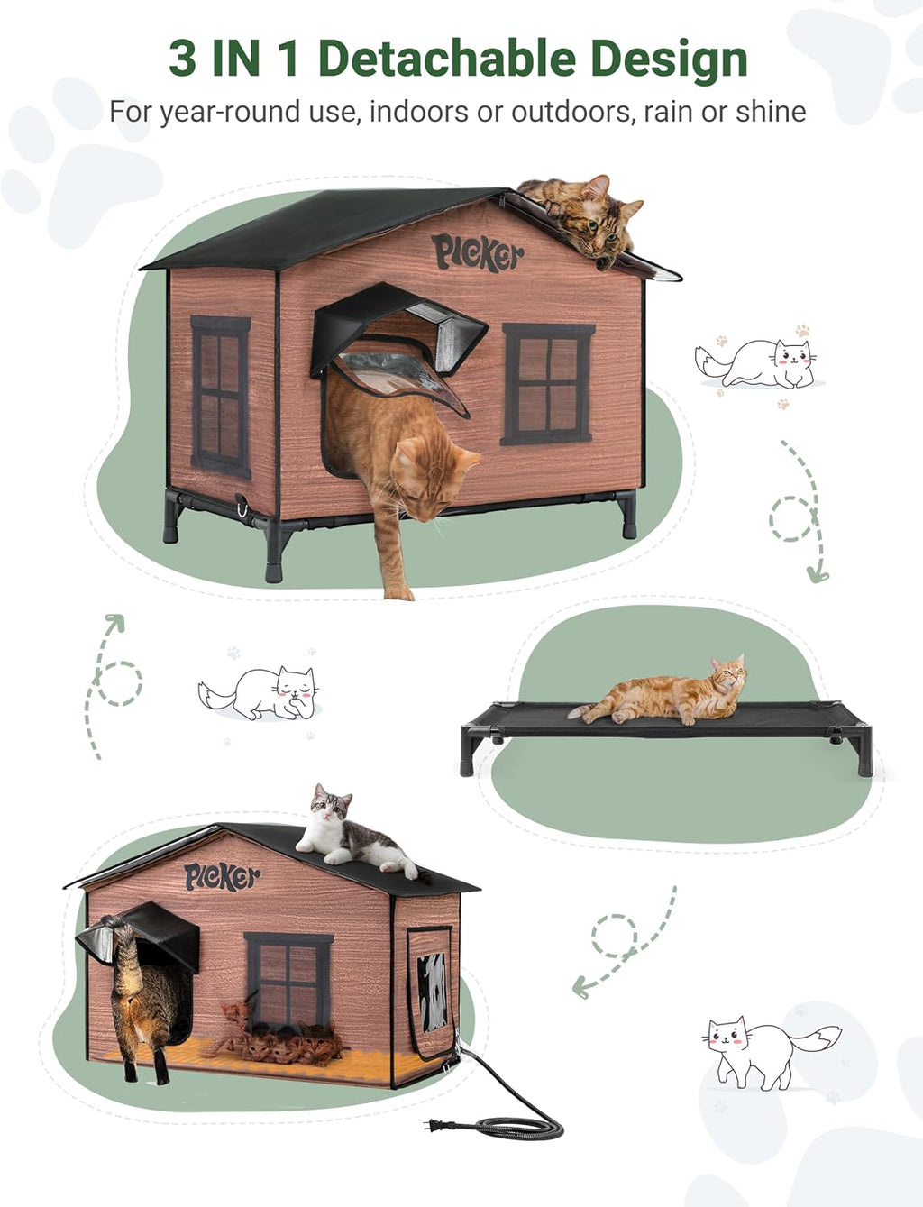 Heated Cat House for Outside: 31.5" XXL 100% Waterproof & Insulated Outdoor Cat House for Winter, Weatherproof Elevated 