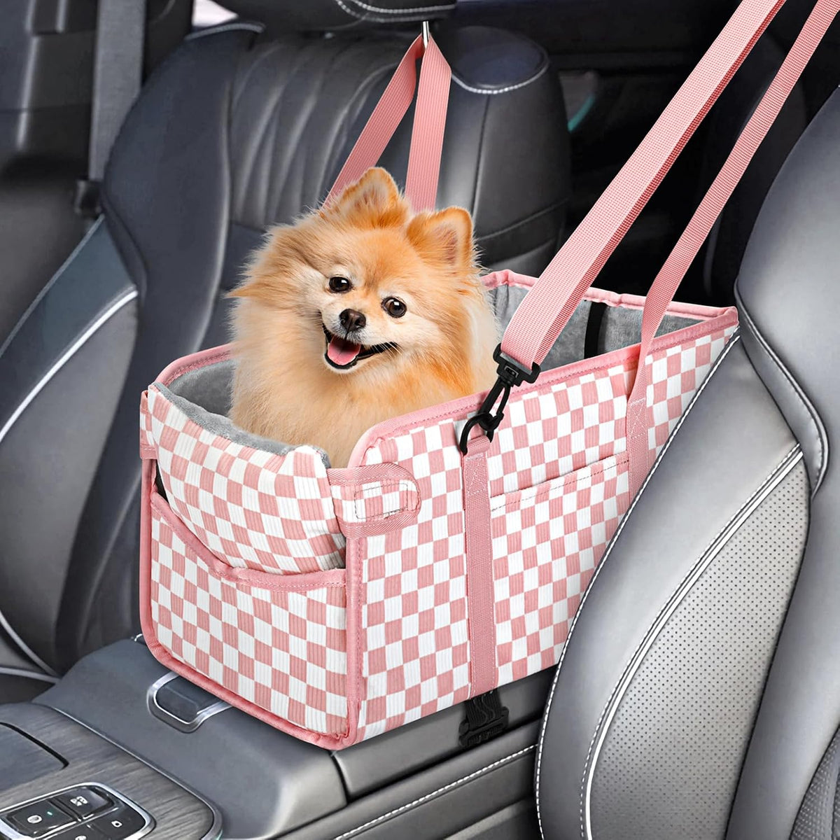 Console Dog Car Seat for Small Dogs, Foldable Booster Seat, Pink Checkered