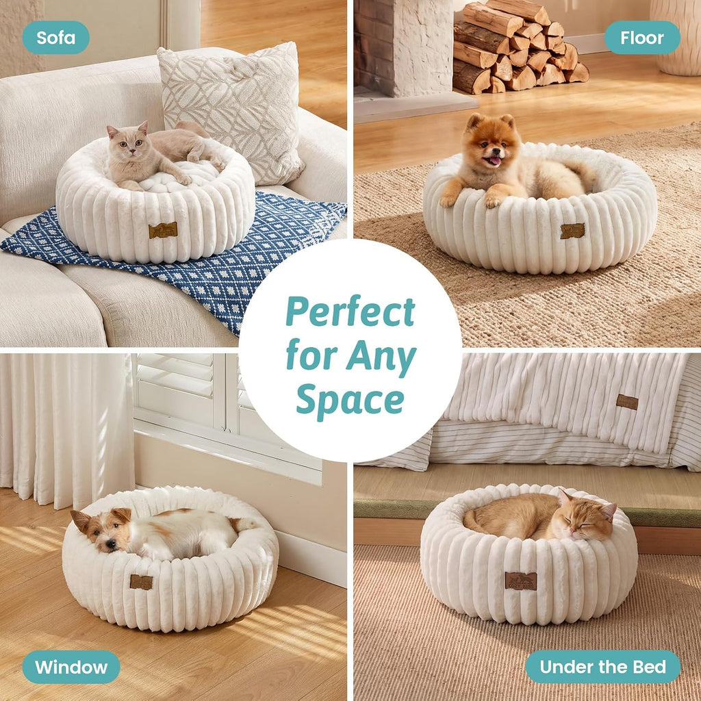 COZY KISS Cat Beds Washable Calming Donut Small Dog & Puppy Bed, 23in Cream