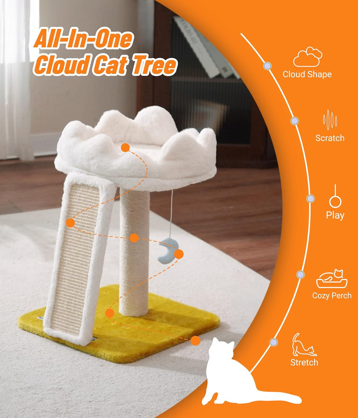 Cat Tree, Cloud Cat Tower with Soft Bed, Cat Scratching Post & Pad with Larger Perch for Window Viewing, Small Cat Tree 