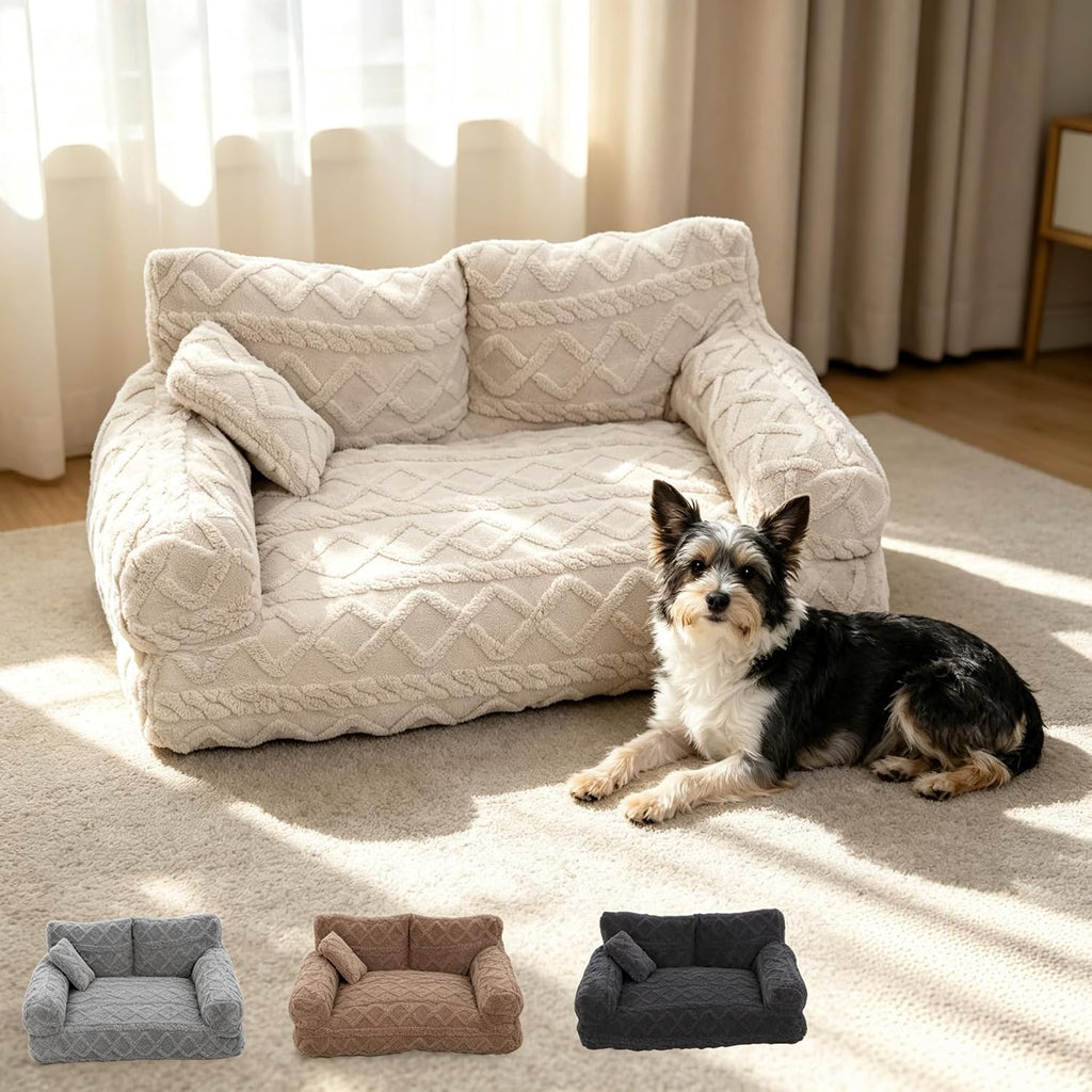 Pet Sofa Dog Cat Plush Calming Pet Sofa Bed for Indoor (Khaki, Small)