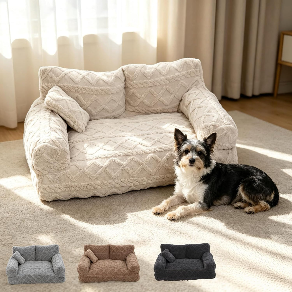 Pet Sofa Dog Cat Plush Calming Pet Sofa Bed for Indoor (Khaki, Small)