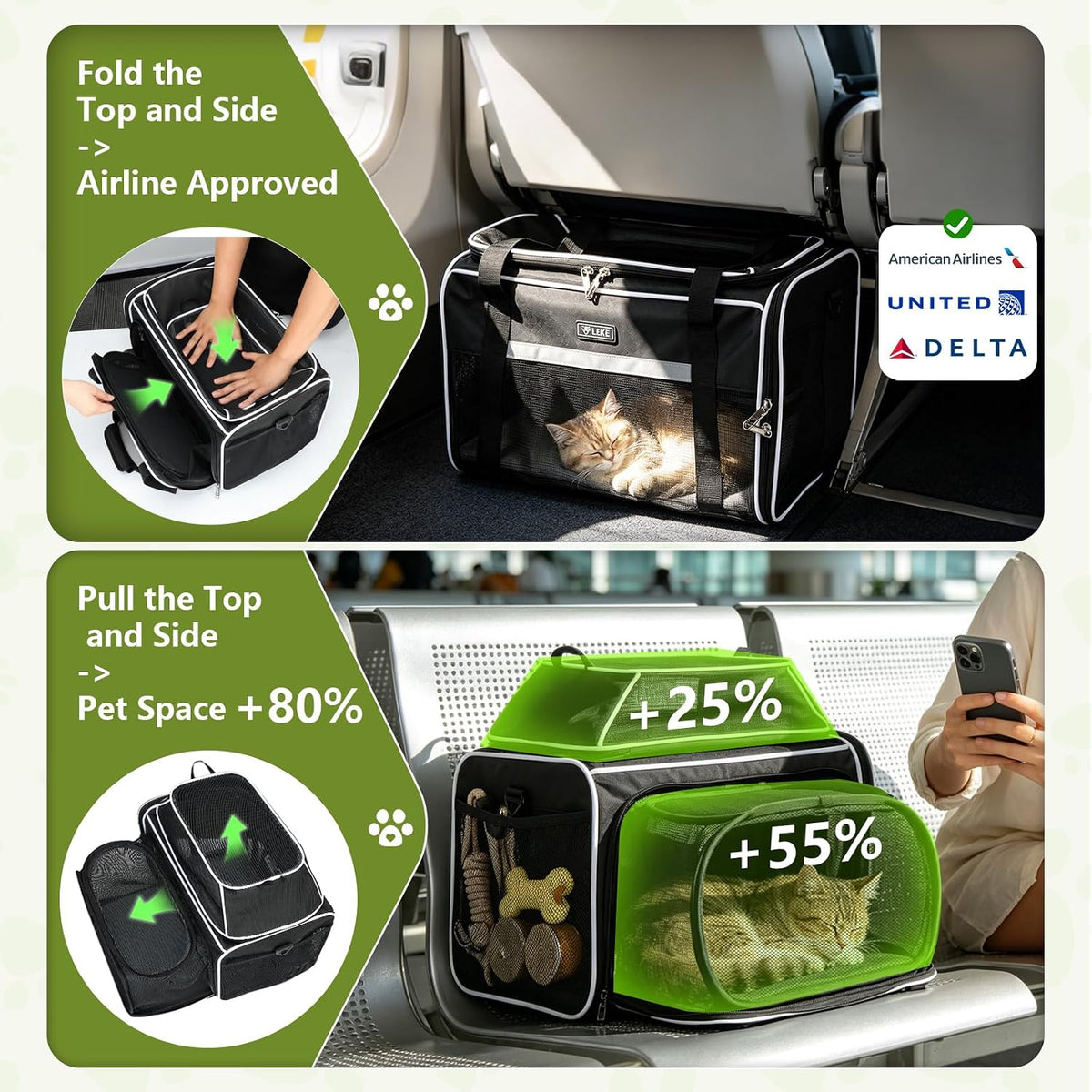 Lekereise Top and Side Expandable Pet Carrier 18x11x11Inch Delta American United Airline Approved Soft Sided Underseat T