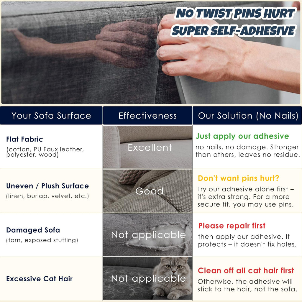 NO PINS Pain Cat Scratch Furniture Protector-12 Pack Thicken Self-Adhesive Single Side Couch Protector from Cat Claws,Furniture Protectors from Cats Scratching,Anti Scratch Deterren Protectors (12PC)