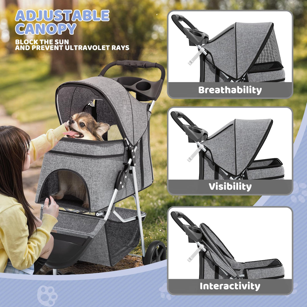 Magshion 3-Wheel Pet Stroller for Small/Medium Dogs Cats, Up to 33lbs, Gray